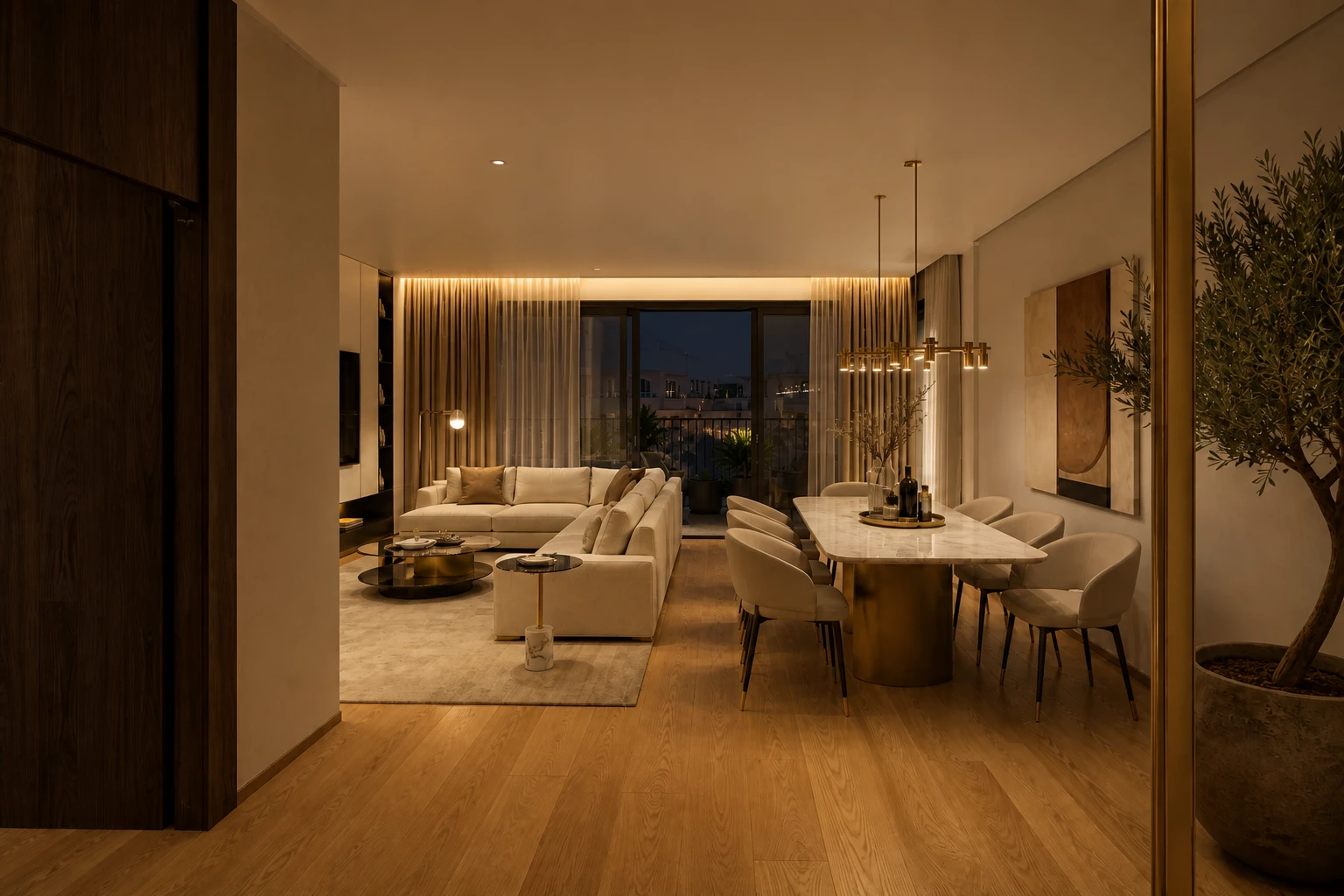3D-визуализация кухни-гостиной вечером, квартира в Воронеже