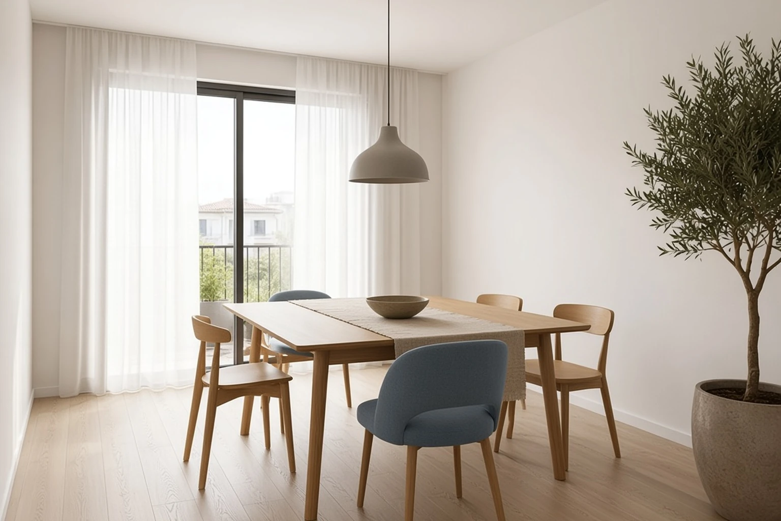 Обеденная зона в скандинавском стиле: светлый стол и разные стулья